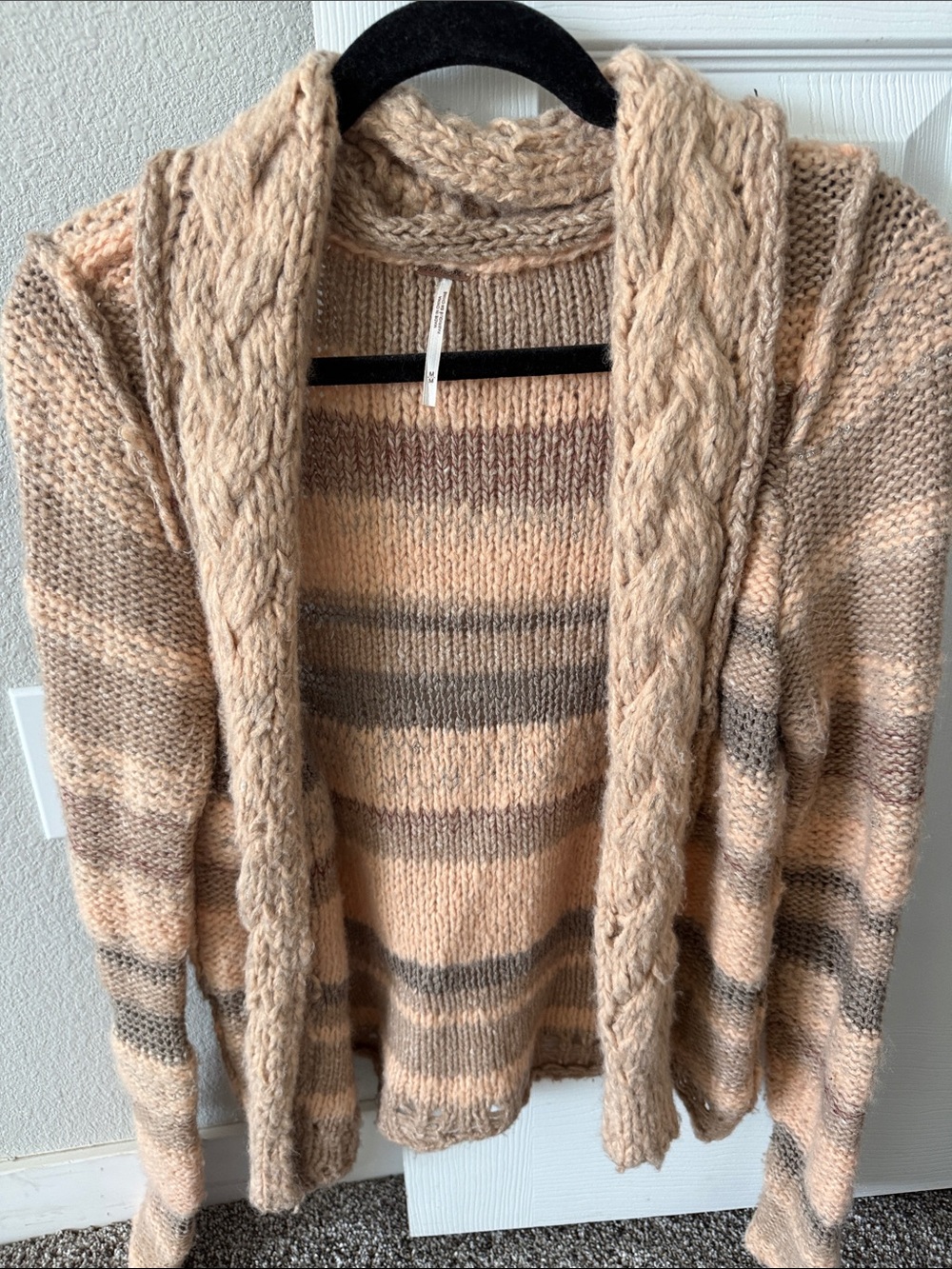 Free People Striped Chunky Knit Shawl Collar Cardigan - Beige Taupe